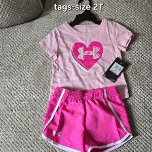 Under Armour Pink Heart Logo Tee and Bright Pink Athletic Shorts - 2T